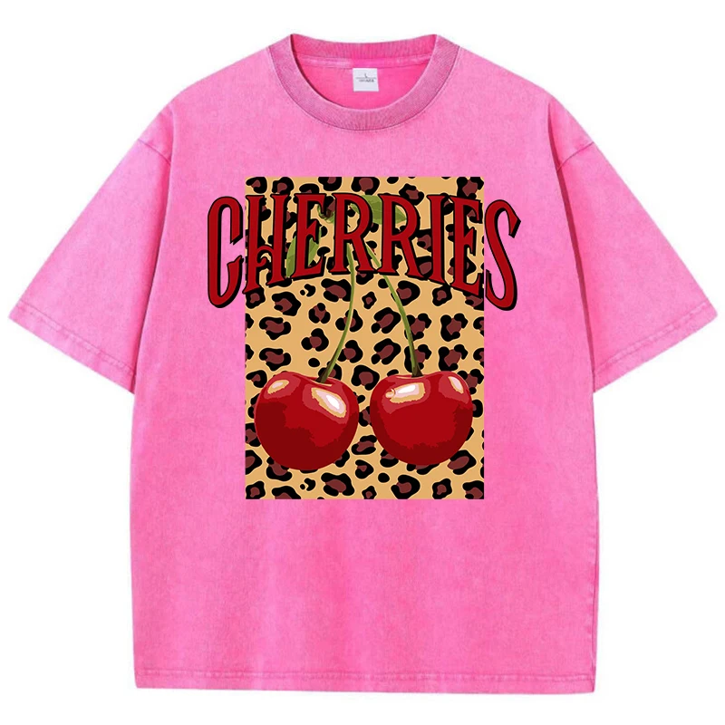 Casual Womans Acid Wash T-Shirts Fashion Leopard And Cherry Prints Tops Distressed Crewneck Oversize Cotton Tees Trend Clothes