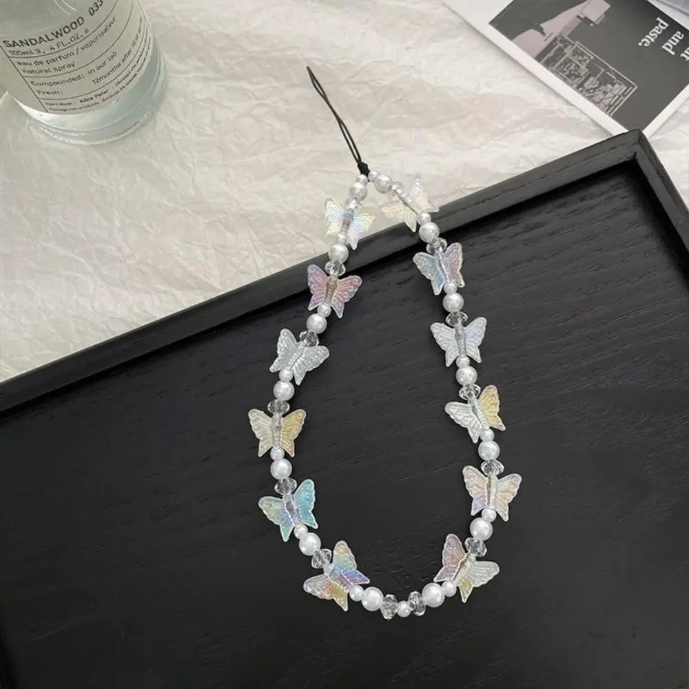 

Butterfly Beaded Butterfly Cellphone Lanyard Anti-lost Crystal Clear Candy Colors Cellphone Keychain Kawaii Cute