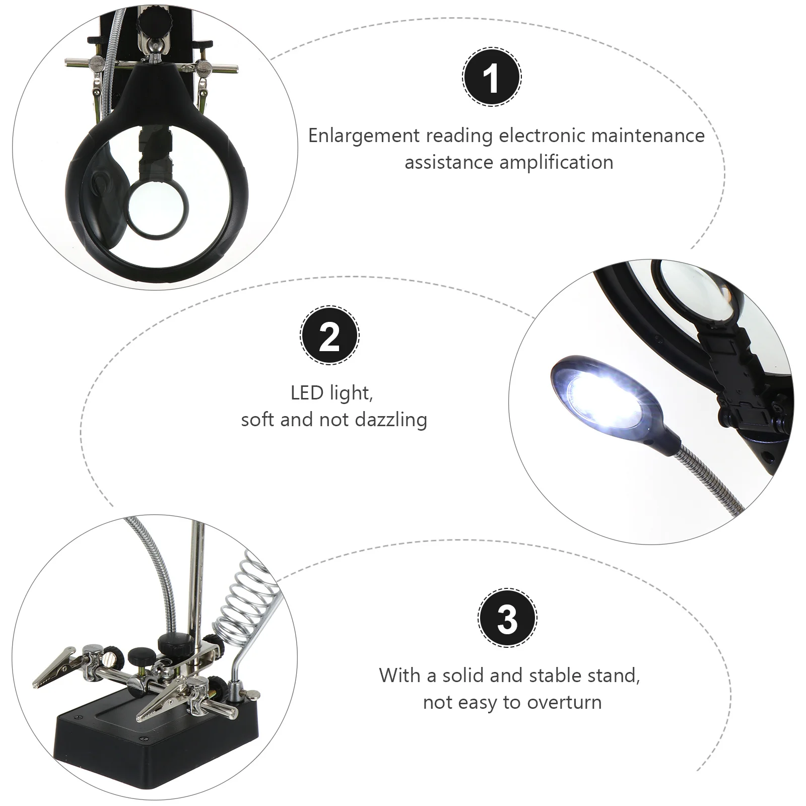 

1 set Led Desktop Magnifier 2.5X 5X 8X Triple Lens Adjustable Stand For Reading Repair Observation Books Maps Circuits Coins