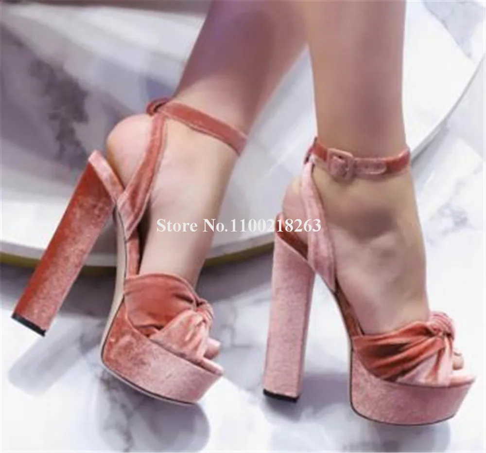 

Newest Women Velvet Chunky Heel Sandals Peep Toe Pink Blue High Platform Bowtie Thick Heel Dress Shoes Party Pumps