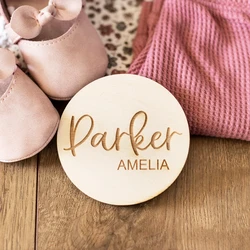 Personalized Wooden Baby Girl Boy Name Newborn Tags Baby Shower Gift Engraved Logo Custom Round Name Card Keepsake