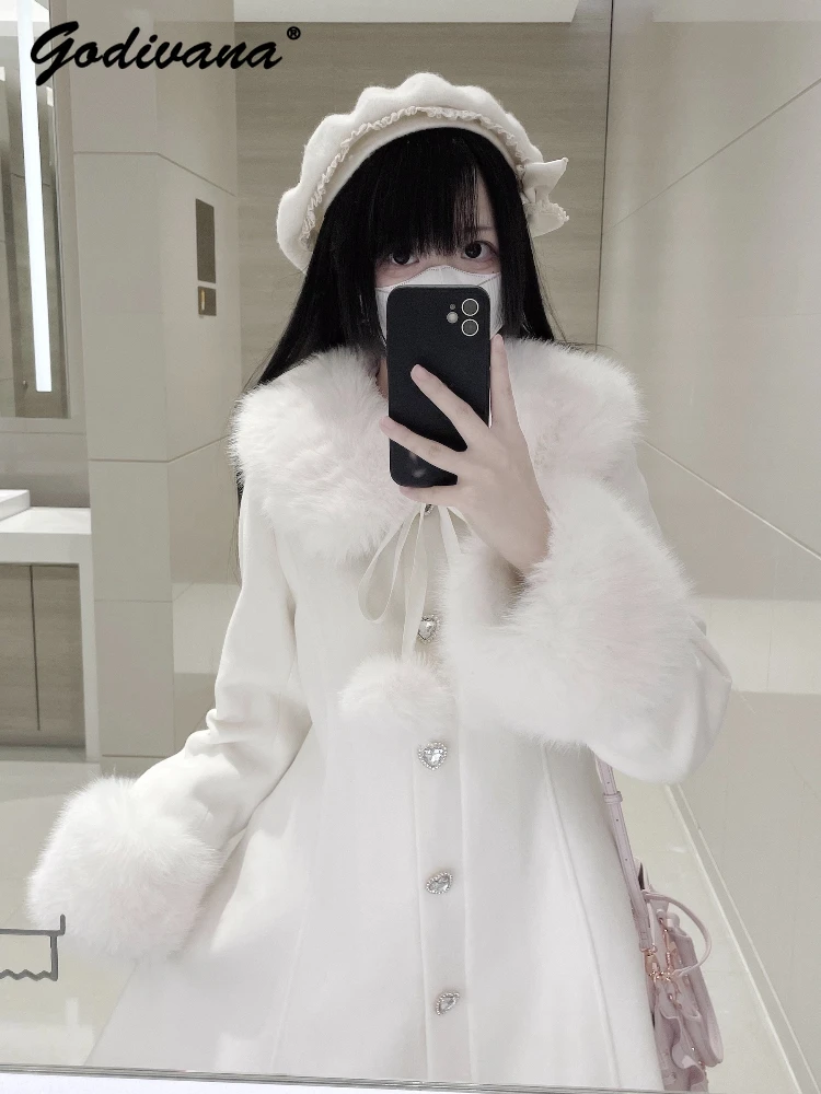 

Sweet Cute Japanese Mine Girls Fur Ball Woolen Long Coat New Winter Fur Collar Women's Single-breasted Wool Jacket Outwear