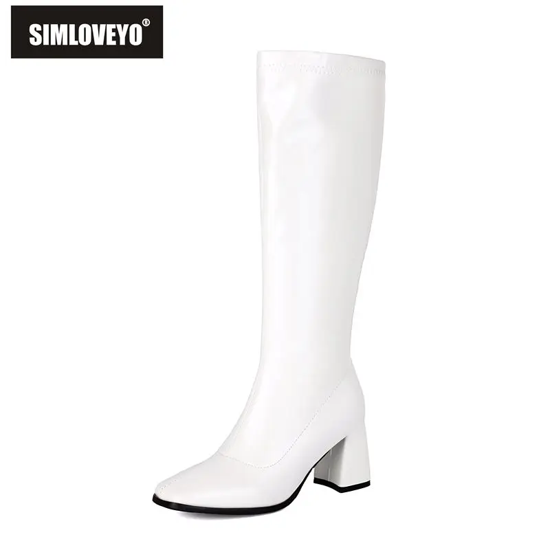 

SIMLOVEYO Brand Female Knee High Boot Square Toe 7cm Chunky Zipper Big Size 45 46 47 48 Sexy Party Wedding Handmade Botas Autumn