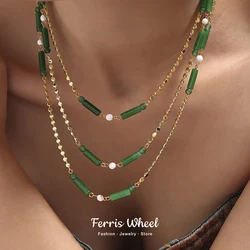Green Jade Stainless Steel Necklace For Women Waterproof Chain Charm Luxury Ethnic Daily Jewelry Gift Wholesale