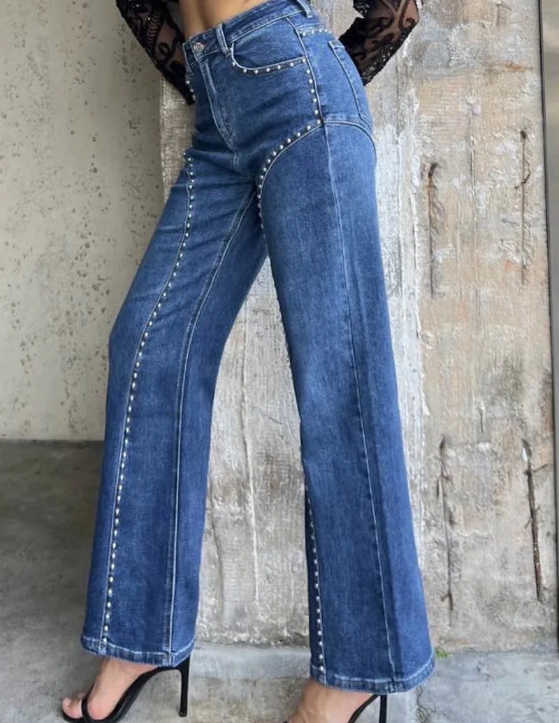Damen-Jeans mit Nieten und geradem Bein, gebogene Nähte, Metallperlen, lockere, weite Denim-Hose, amerikanischer Street-Casual-Stil, Alltagshose – Detail 8