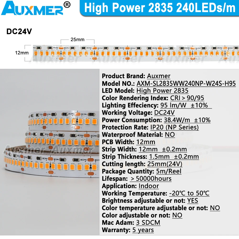 Tira de luces LED regulables de alta potencia, 2835 LED/m, 240 W/m CRI95/38,4mm, PCB, 24V, 90,12 LED/carrete, para habitación