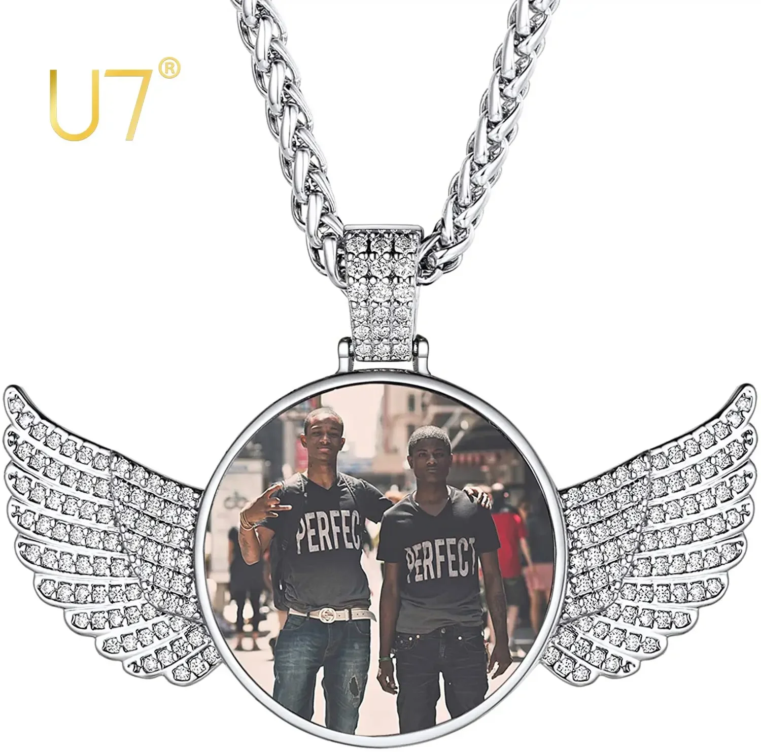 

U7 Hip Hop Iced Out Jewelry Custom Photo Necklace with Angle Wing Pendant Round Medal Personalized Picture Jewelry Gift