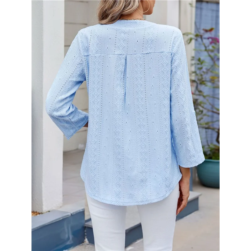 【SEE】여성용 V 넥 캐주얼 할로우 아웃 아일렛 자수 블라우스 셔츠 비치 커버 탑 Dressy