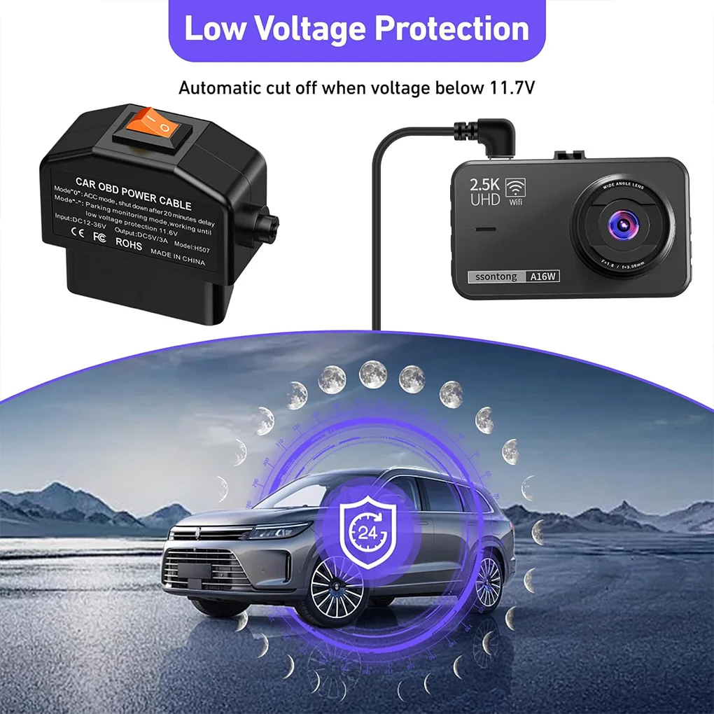 

Кабель питания OBDII для камеры приборной панели Кабель питания OBDII Адаптер OBD к Type-C 12-24 В до 5 В/3 А Защита батареи