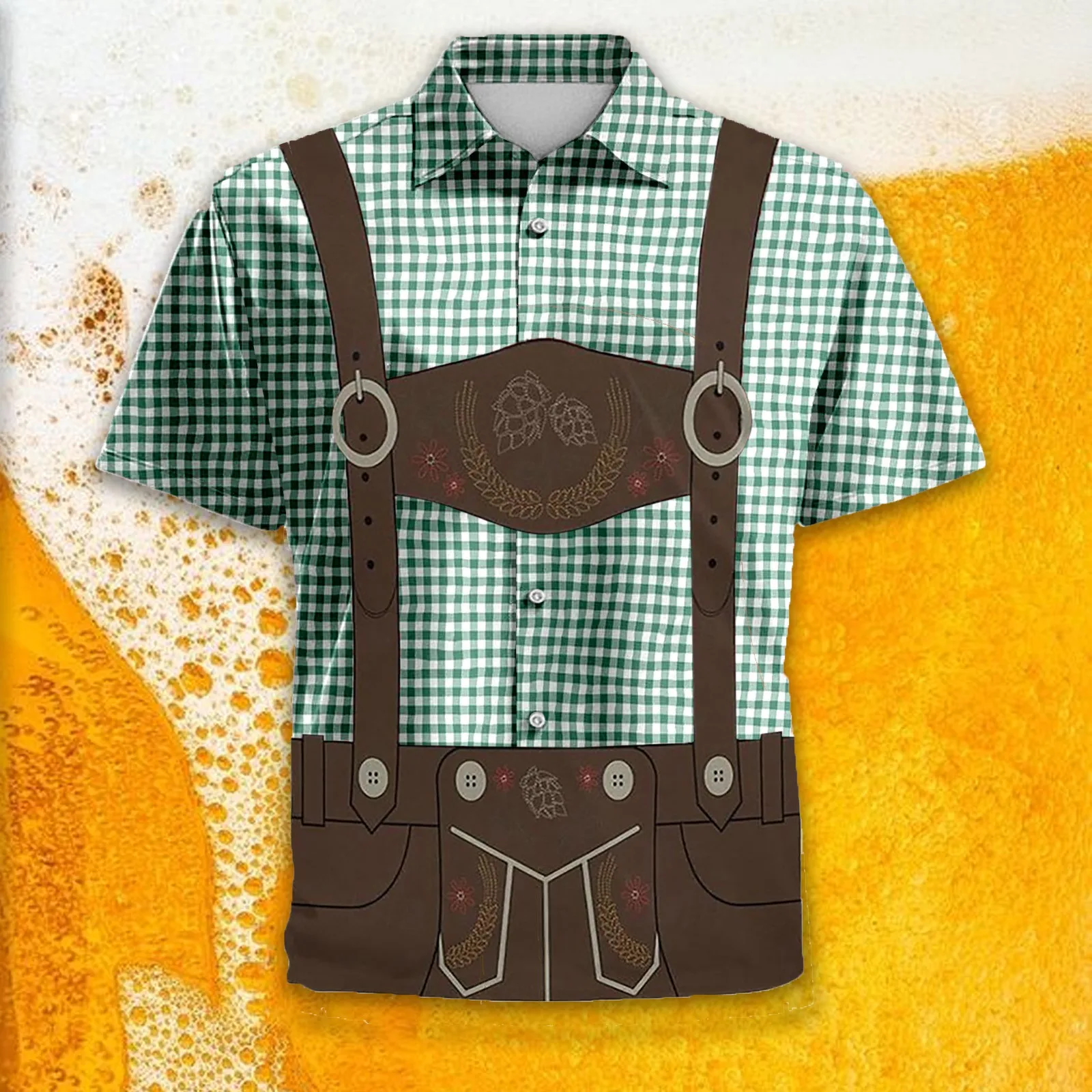 Bavarian Oktoberfest Men Short Sleeve Shirt Single Breasted Casual Lapel 3D Plaid Print Beer Festival Shirt German Shirts Top