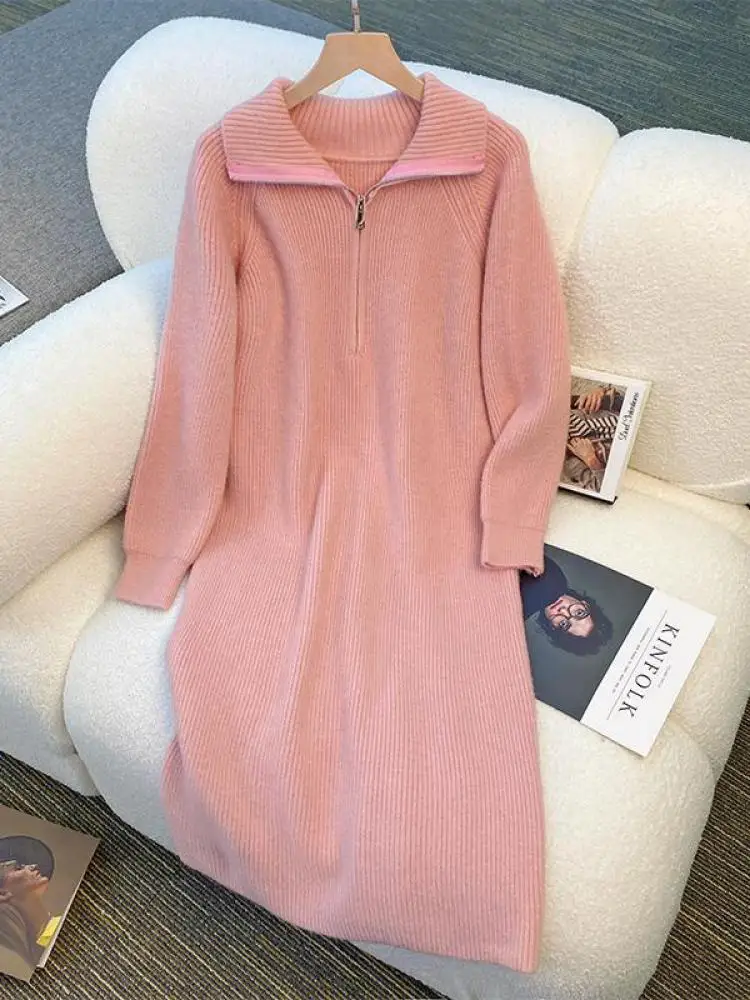 

2024 Autumn Winter Women's Pullover Turn-down Collar Sweater Solid Color Loose Mid Length Underlay Fashion Long Sleeve Dresses