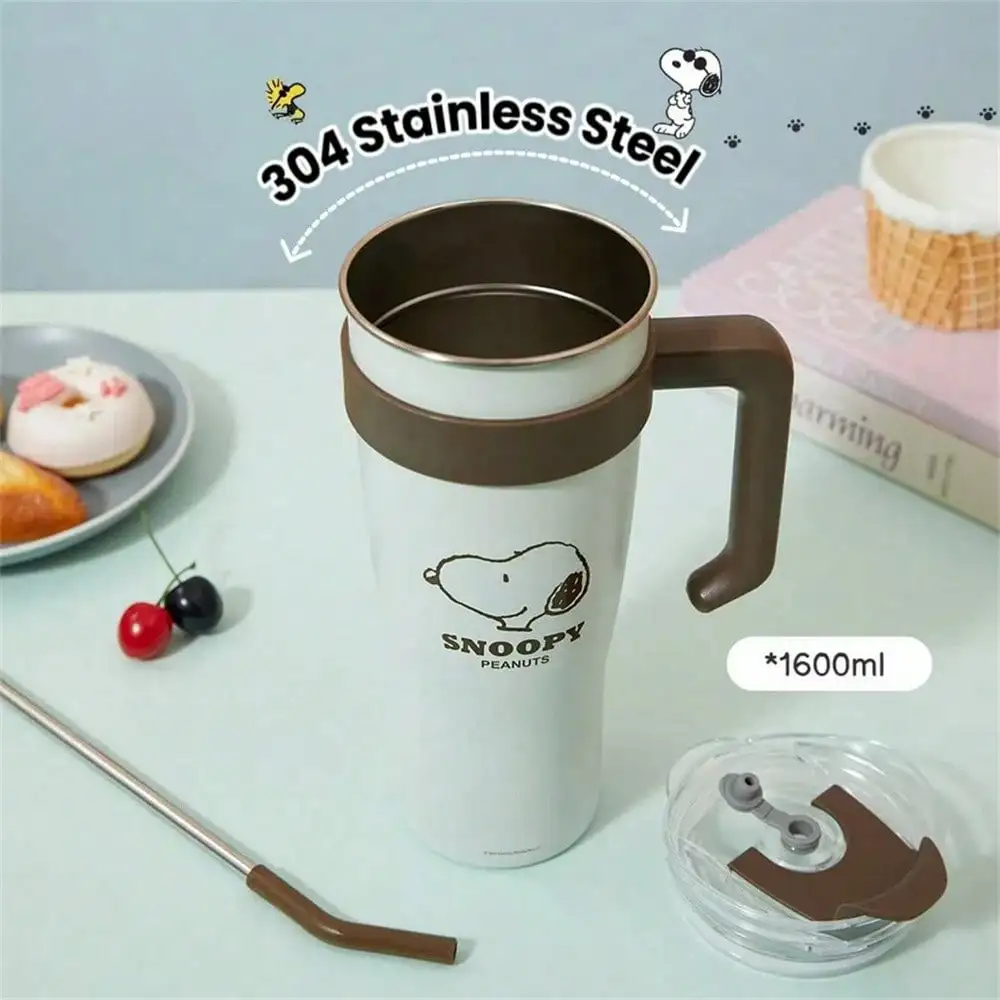 سنوبي سلسلة 1600 مللي/54.11 أوقية العملاق القش الصلب كوب أنيمي الكرتون المحمولة سعة كبيرة زجاجة ماء الترمس فنجان القهوة هدية