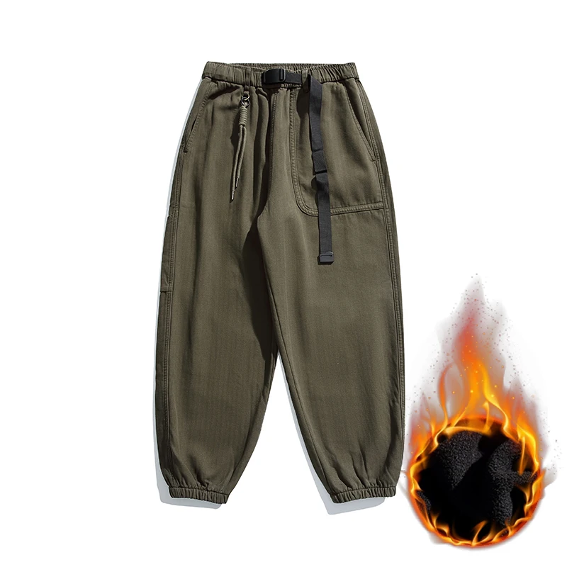 

Модные мужские повседневные брюки с флисовой подкладкой и манжетами, свободная рабочая одежда, осенне-зимние длинные брюки, удобная смесь хлопка