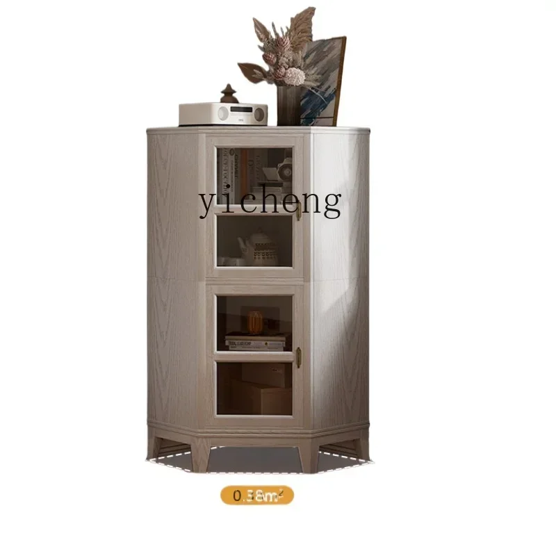 solid wood corner bookcase floor-to-ceiling household triangular shelf with glass door corner cabinet