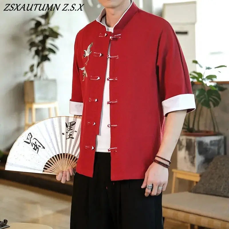 Summer Crane Embroidery Top Traditional Chinese Clothing for Men Vintage Half Sleeve Linen Shirts Madarin Collar Hanfu Kungfu