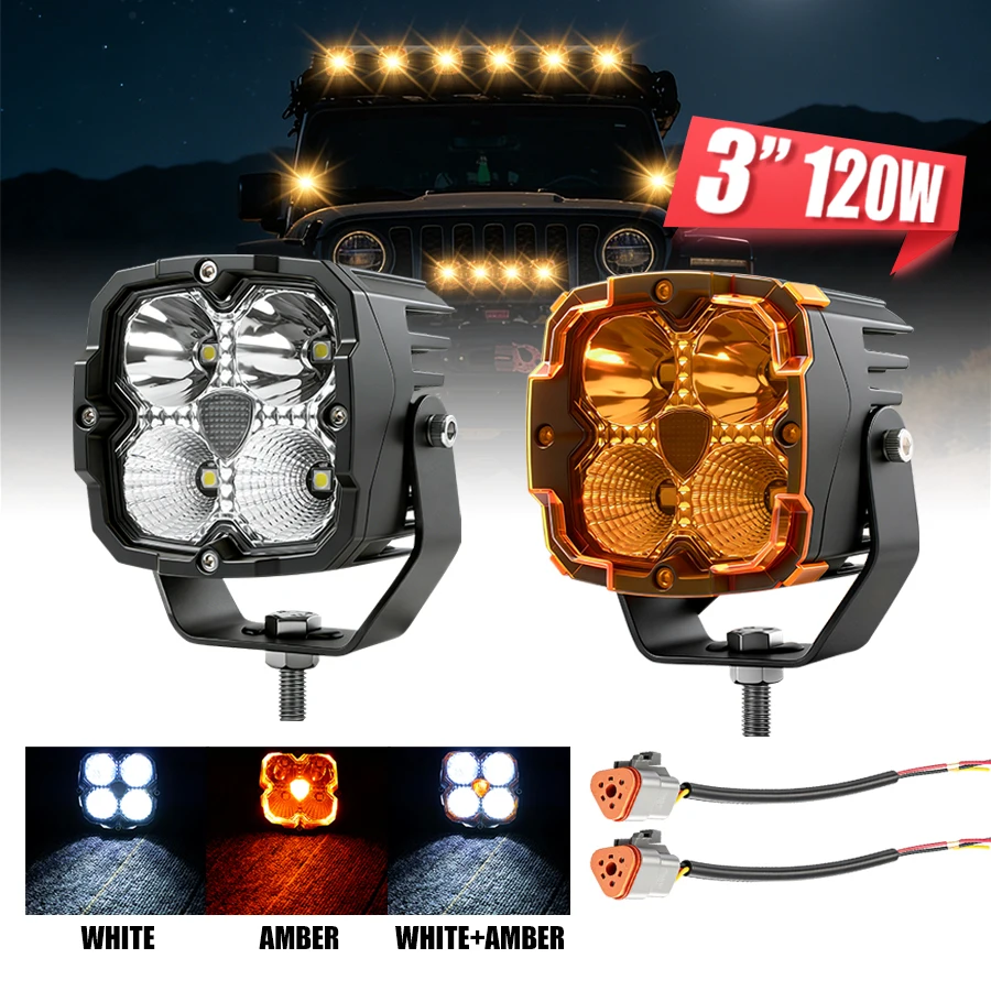 

3 Inch LED Work Light 120W Spot Flood Combo Work Spotlights Pod with Amber DRL Cover For Truck SUV 4WD ATV UTV Boat DC 9V 30V