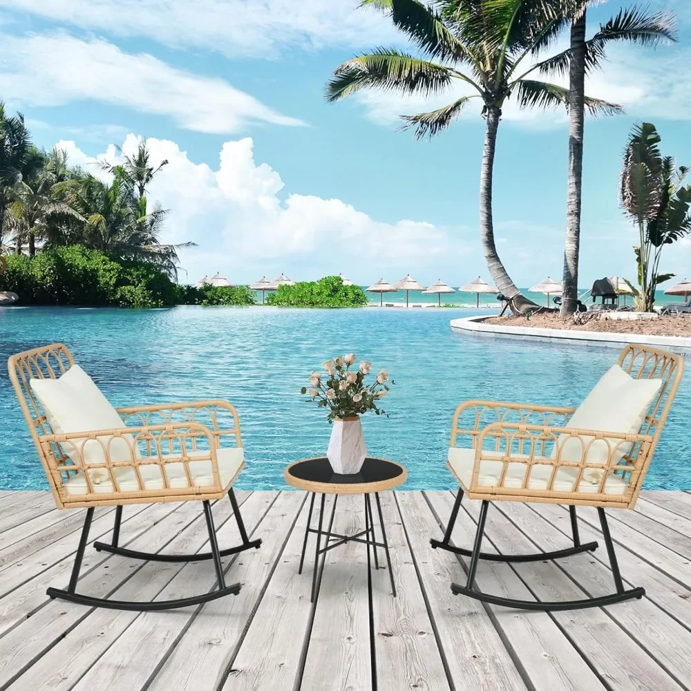 Patio Rocking Chairs Set of 2 - Widen Outdoor Wicker Rattan Rocking Chairs with Thickened Cushions, for Balcony Garden Porch