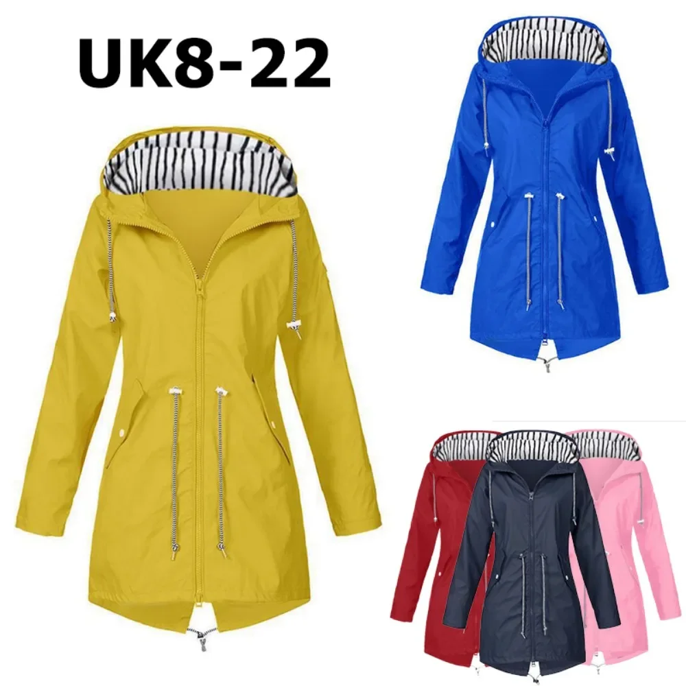여성용 솔리드 레인 재킷, 야외 하이킹 후디, 방수 방풍 롱 코트, 따뜻한 외투 의류, 바람막이 5XL, 2024 신상