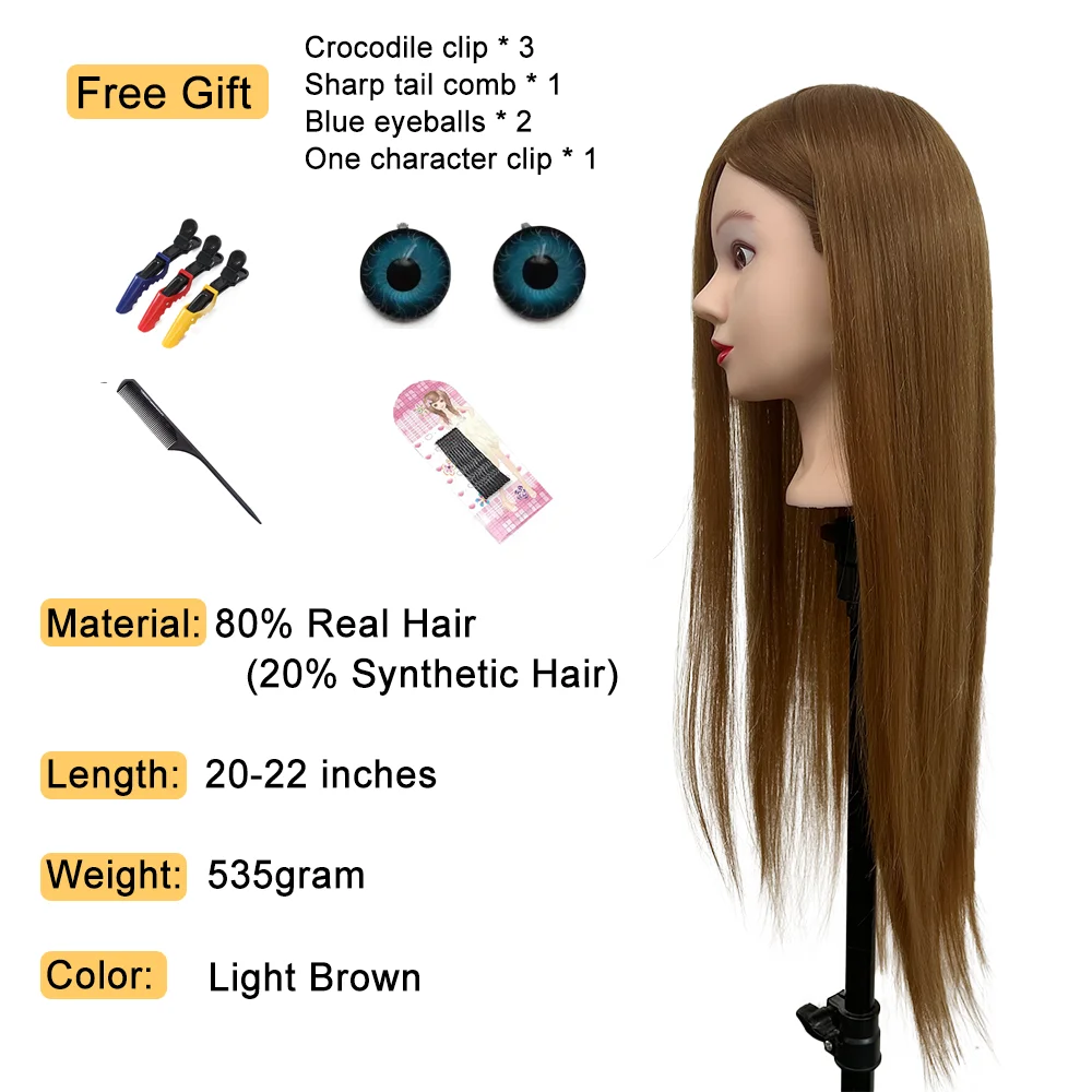 Cabeça de manequim marrom para treinamento, 22 polegadas, 80% cabelo humano real, prática capilar, boneca de trançar e styling