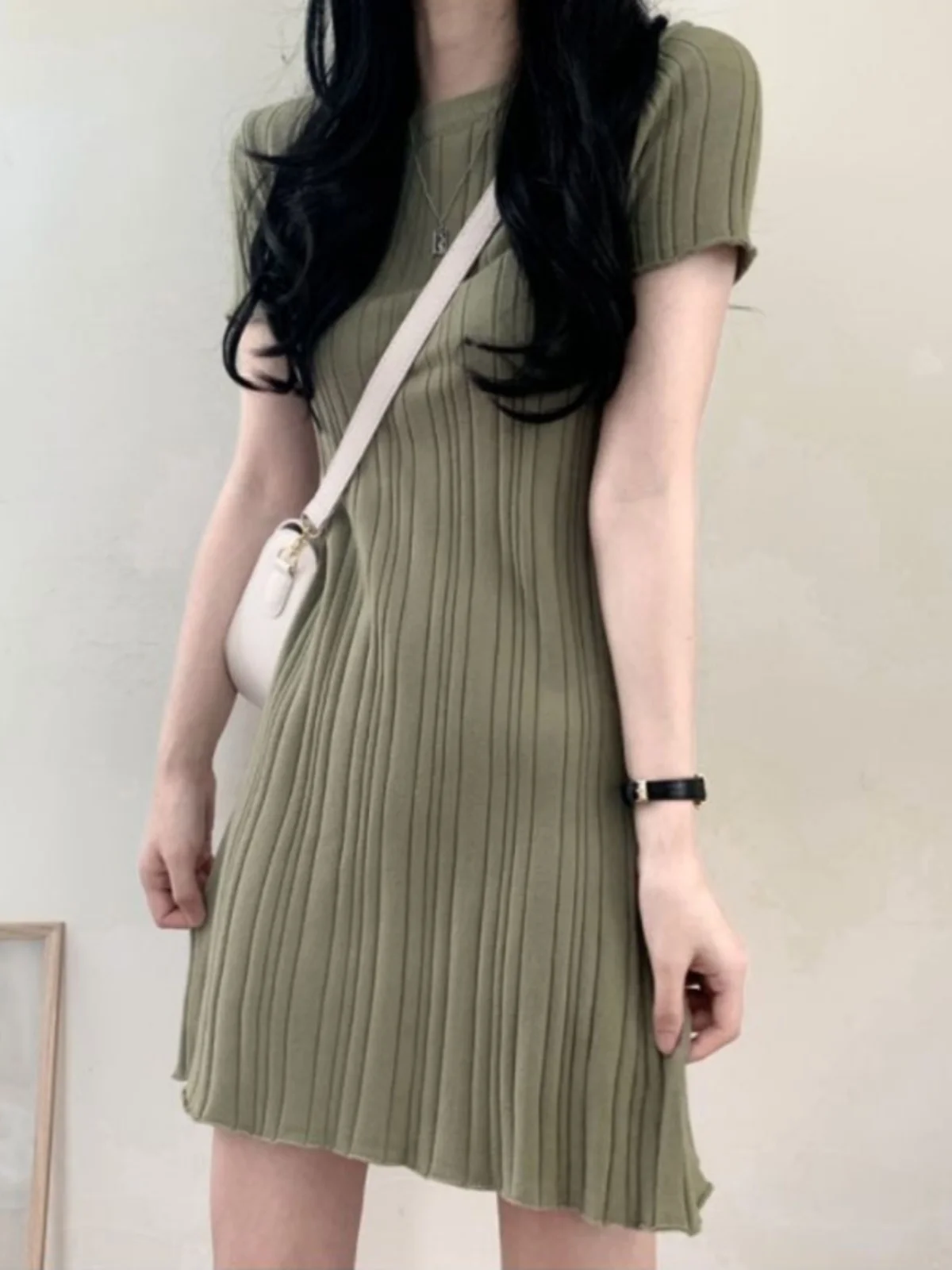 Chic lavorato a maglia A-Line Midi Dr ort Sve round Ne Summer New Sle per le donne Pendolari Sle Versione coreana Slim Fit Bodycon