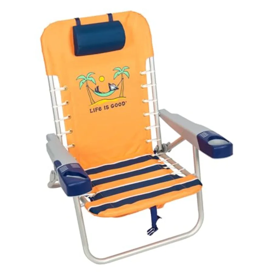 

Beach chair with 4-position lace-up design, polyester fabric, canyon orange color, includes pillow, cup holder and phone holder
