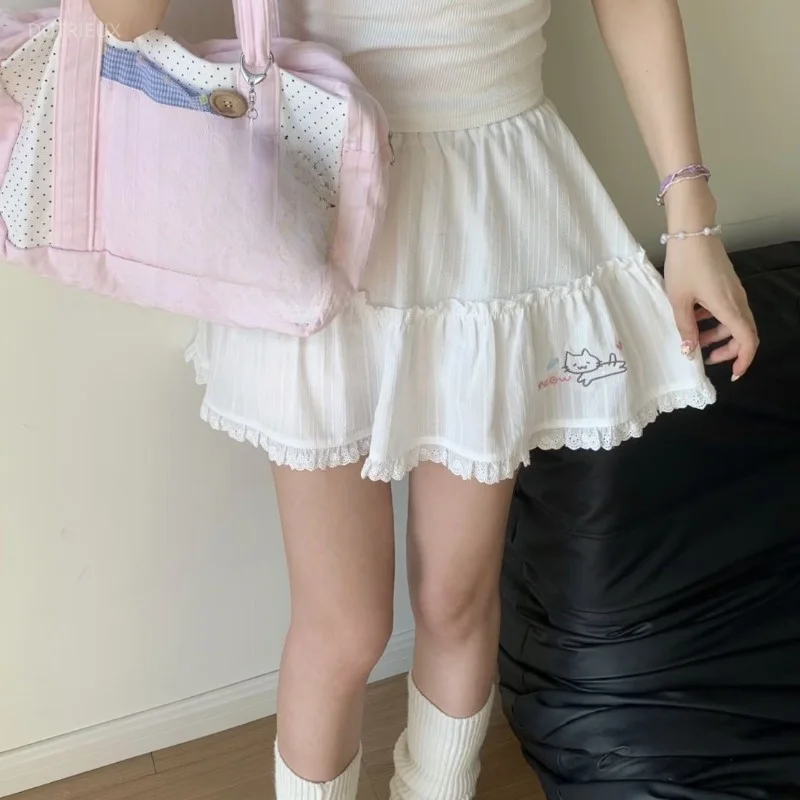 Japanese Cat Embroidery A-Line Mini Skirt Womens Harajuku High Waist Pleated Skirts Y2k Aesthetic Lace Patchwork Grunge Faldas