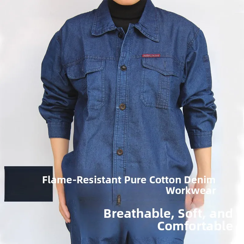 

Летний тонкий хлопковый рабочий костюм для мужчин: джинсовый защитный комплект, устойчивый к ожогам и износу, для сварки