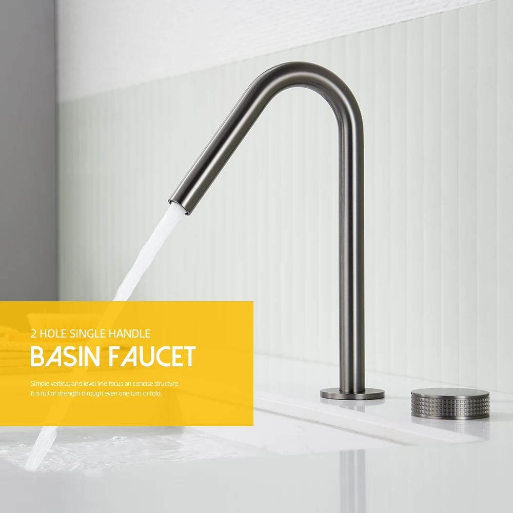 Gunmetal Basin faucet Knurled knob Hot & Cold Sink Mixer 360 Rotating Spout Wider spread Deck Mounted Basin Tap Bathroom Faucet