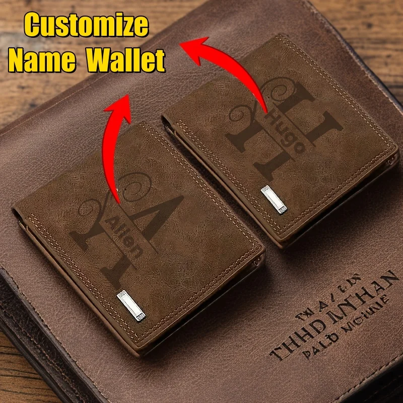 [Custom] Personalized engraved letter and name ultra thin double fold credit card holder wallet with zipper coin pocket, custom