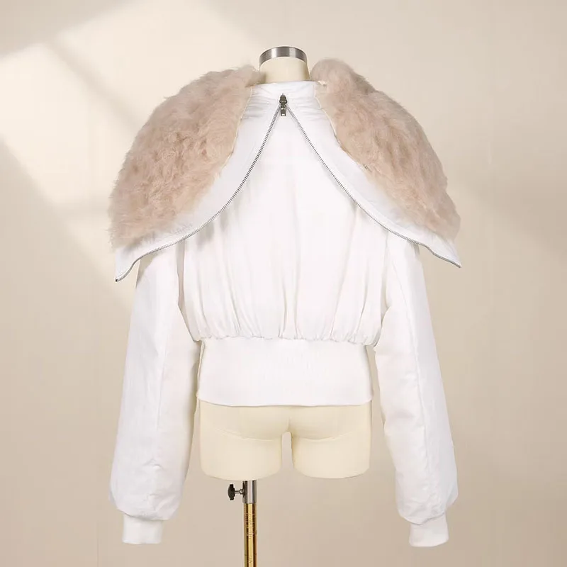 Mit Daunen gefüllter Schalmantel für Damen, langärmelige warme Jacke mit großem Pelzkragen, hochwertiger, taillierter Parka, 2025, neu