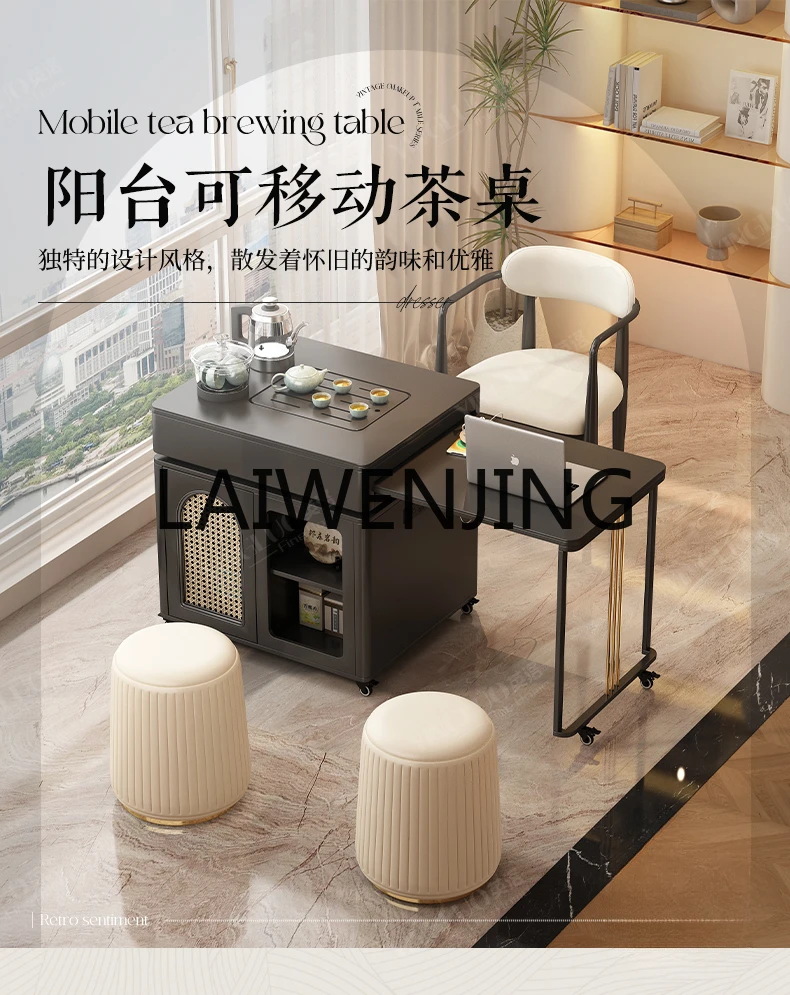 

French Retro Balcony Retractable Stone Plate Tea Table and Chair Portable Small Tea Table Kettle Integrated Tea Side Table