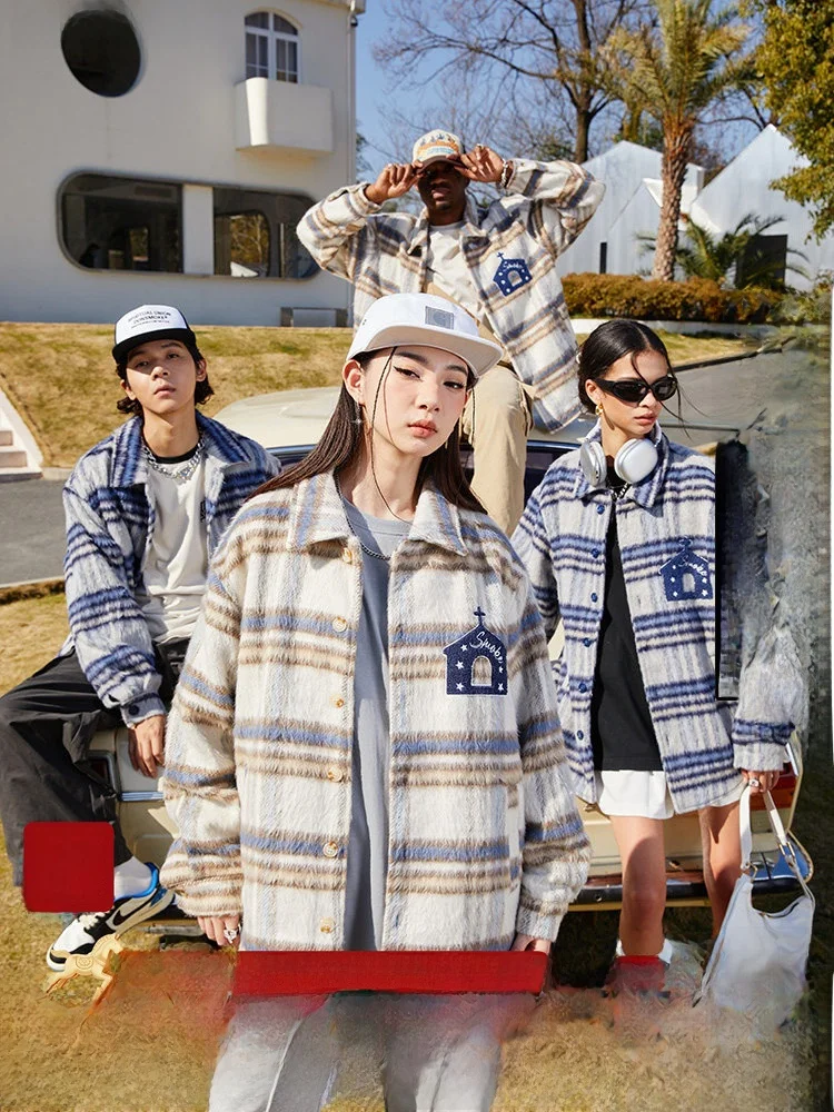 

Done Thiened Woolen Plaid Towel Embroidered Loose irt Sle Youth Faion Outerwear Jaet for Men And Women