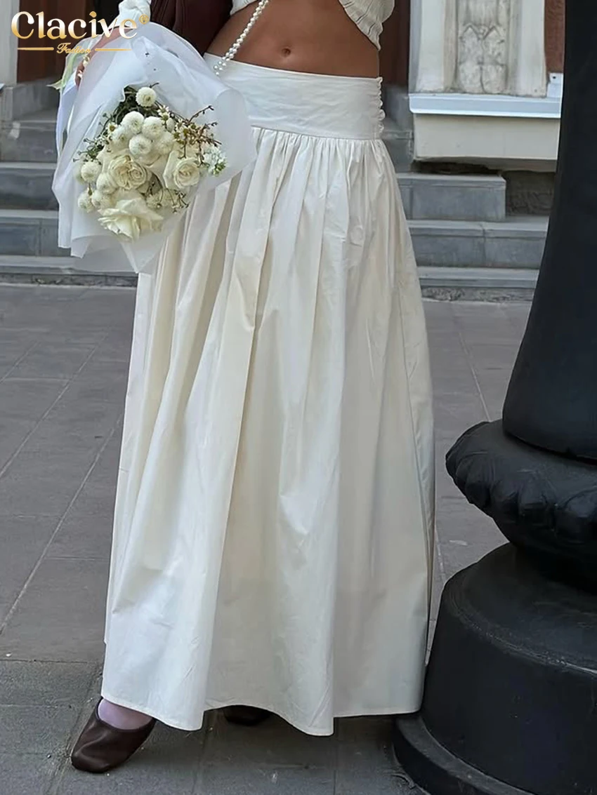 Clacive ファッションルーズベージュコットン女性のスカート 2026 エレガントなハイウエストマキシスカートエレガントなクラシック固体スカート女性服