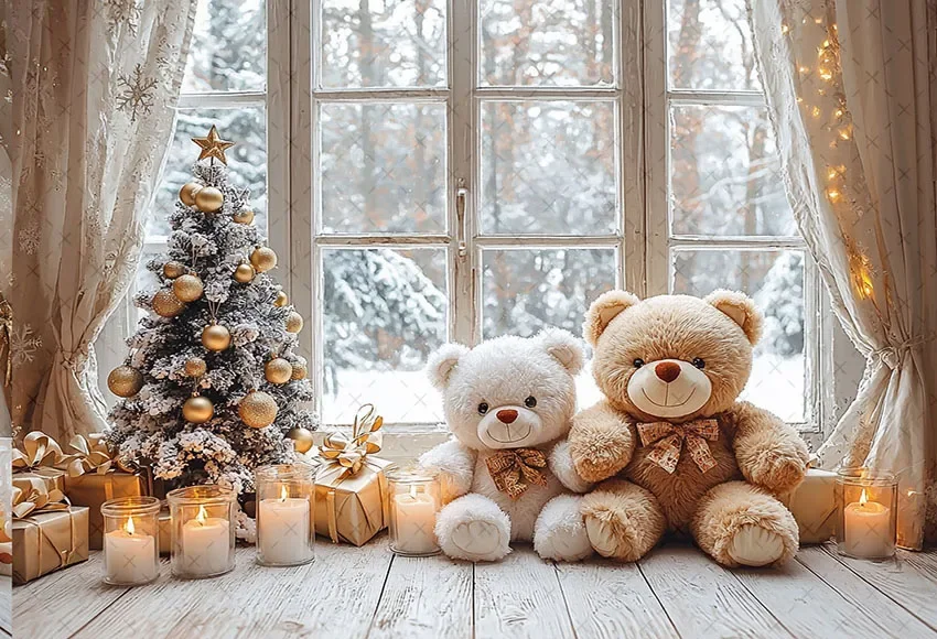 Фон для фотосъемки Mehofond, зимний рождественский фон с окном, медведем, рождественской елкой, детский праздник, семейный портретный декор, фон для фотостудии