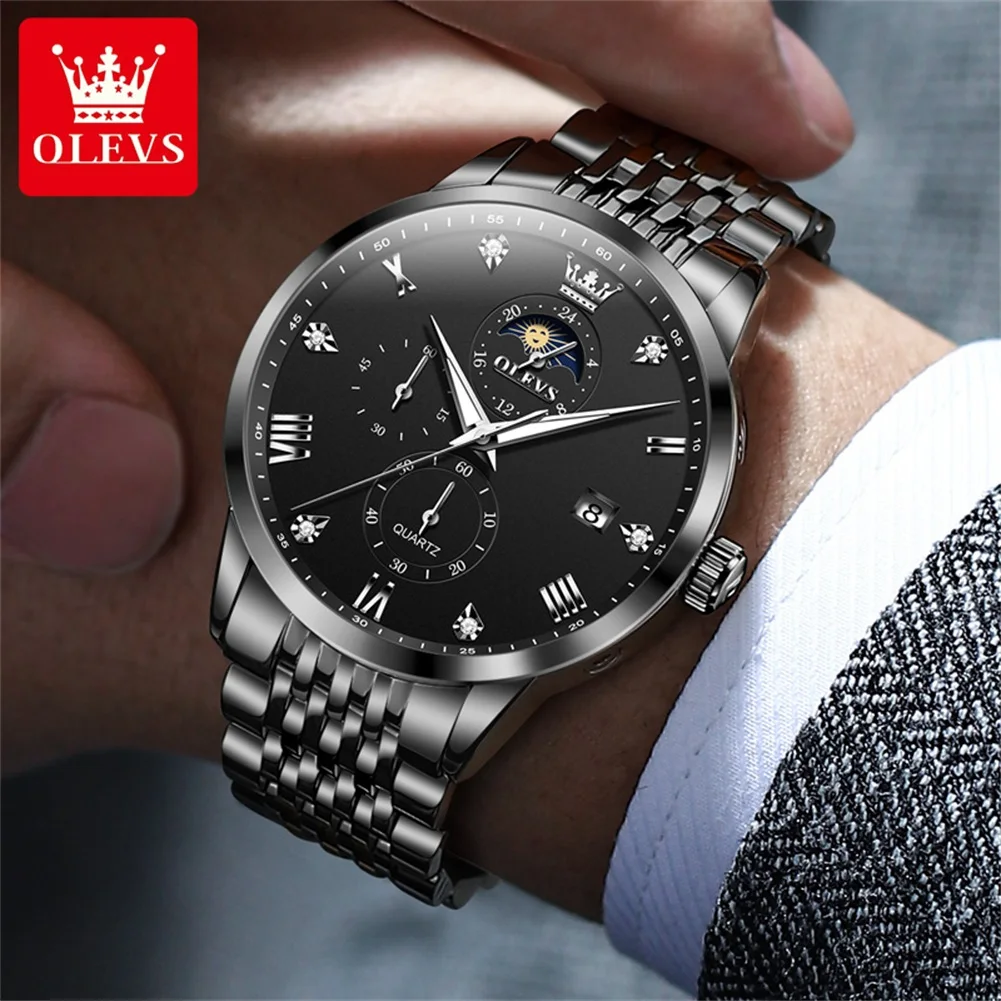 OLEVS 2925 Relojes Masculinos Original Men's Watch Chronograph Waterproof Luminous Moon Phase Calendar Quartz Wristwatch for Men