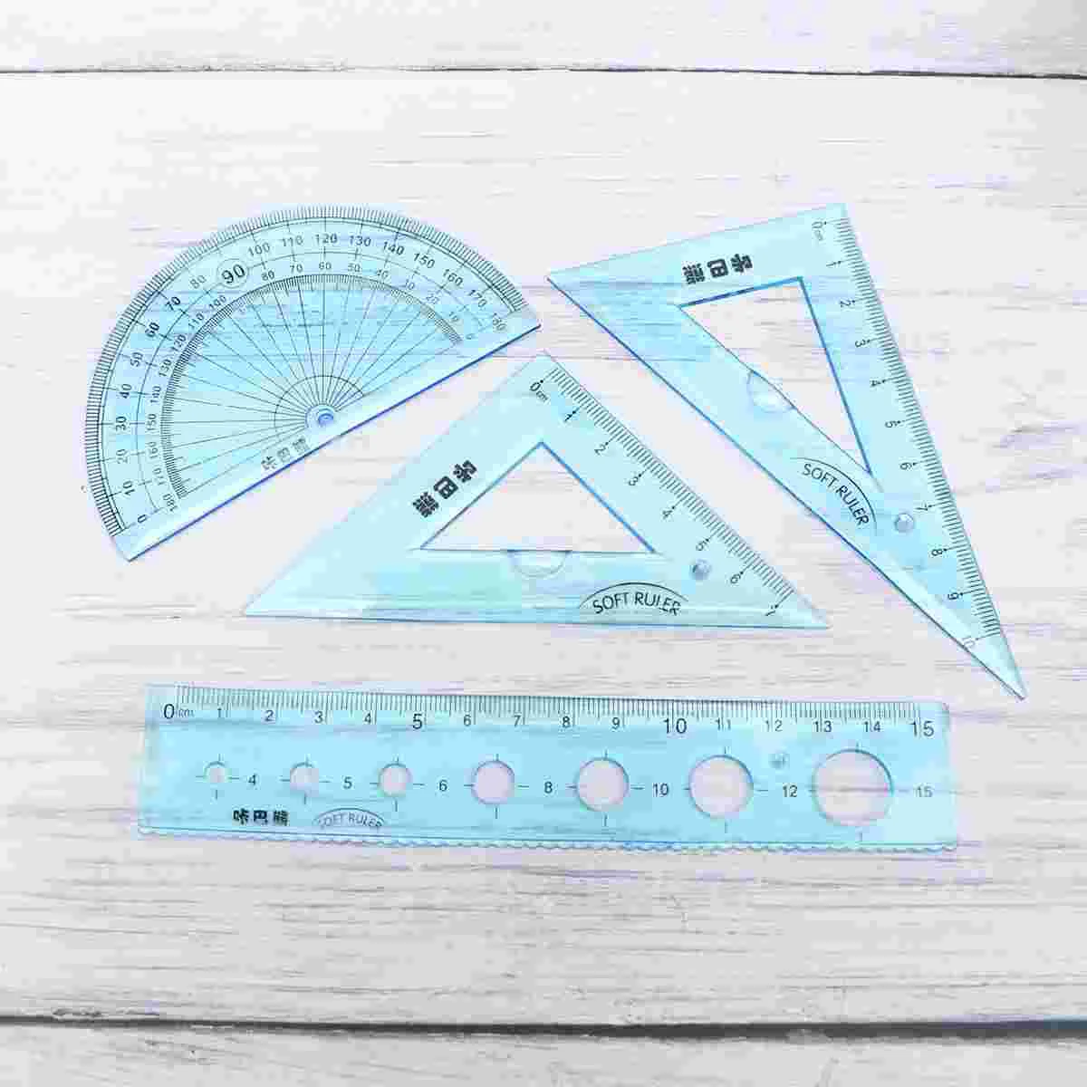 4 Pcs/1 Set Student Rulers Set Bendable Stationery Rulers with Wave Clear Student Rulers for Girl Boy (Transparent)