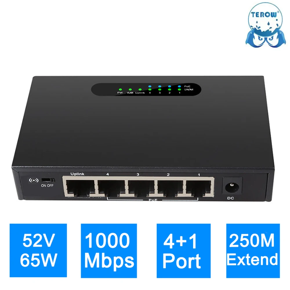 TEROW 5-портовый 10M/100M/1000M POE гигабитный коммутатор 52V 1.25A сеть Ethernet VLAN с внешним питанием для беспроводной AP/IP-камеры