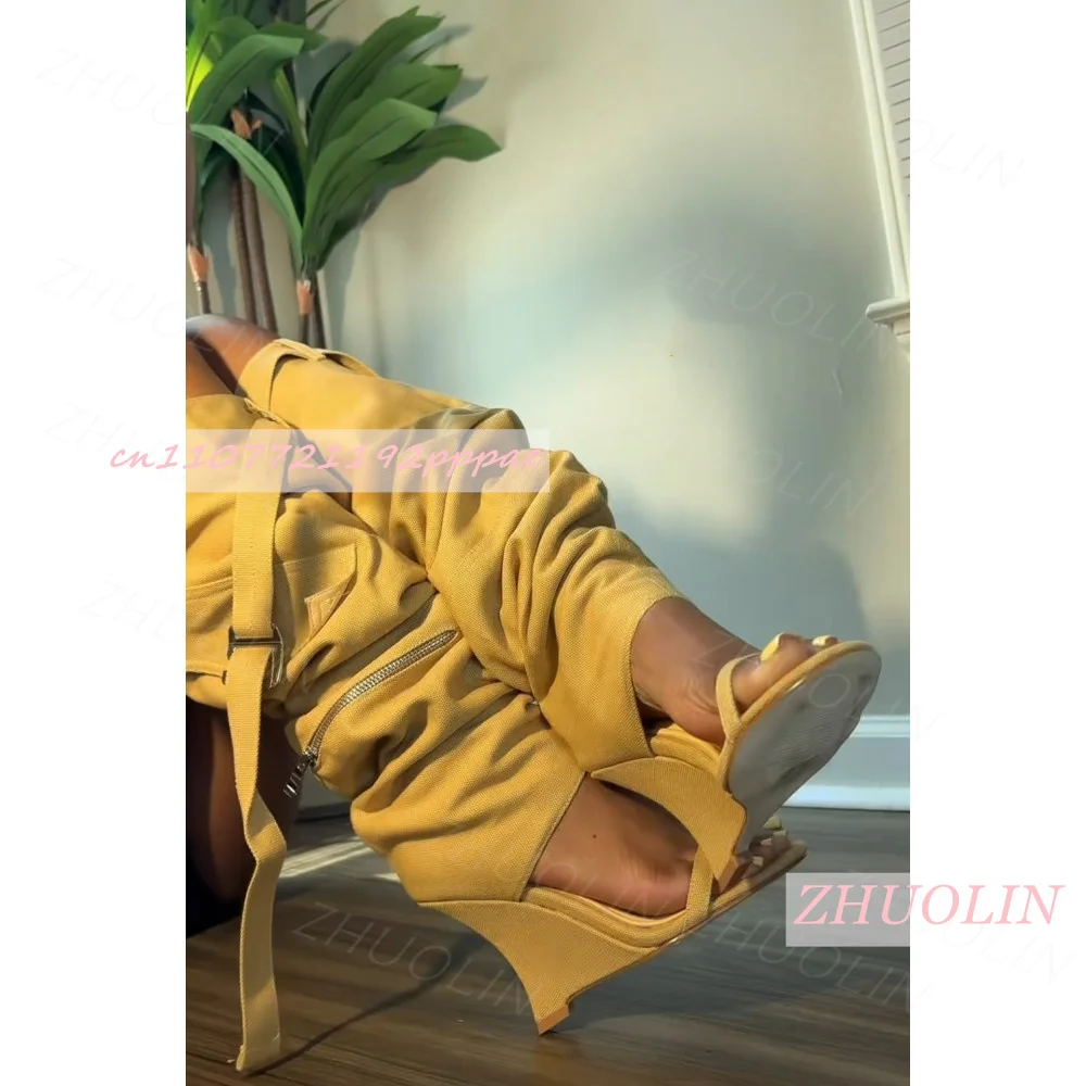 Women Khaki Canvas Knee High Boots Open Toe Wedge Heel Boots Slouchy Buckle Strap Cargo Pocket Zipper Utility Party Club Shoes