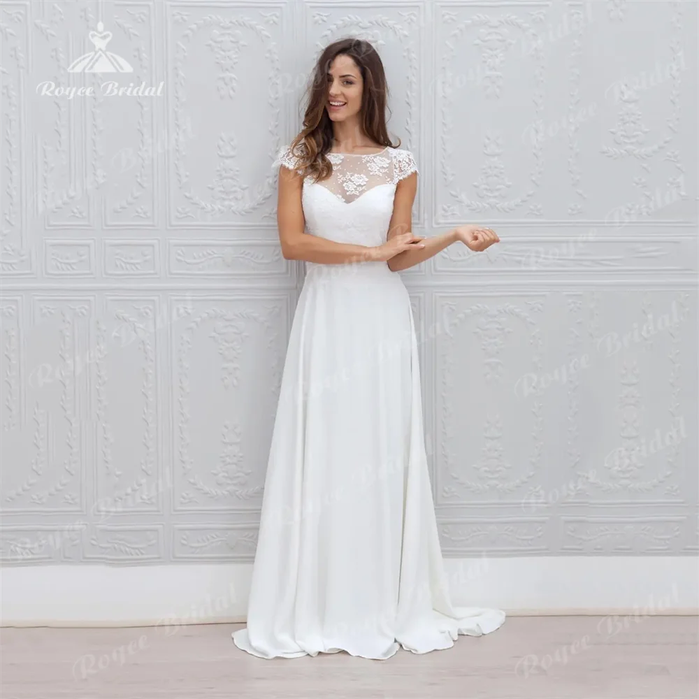 

Винтажное пляжное свадебное платье А-силуэта с кружевом, аппликацией и короткими рукавами, открытой спиной и оборками, свадебное платье со шлейфом, свадебные платья