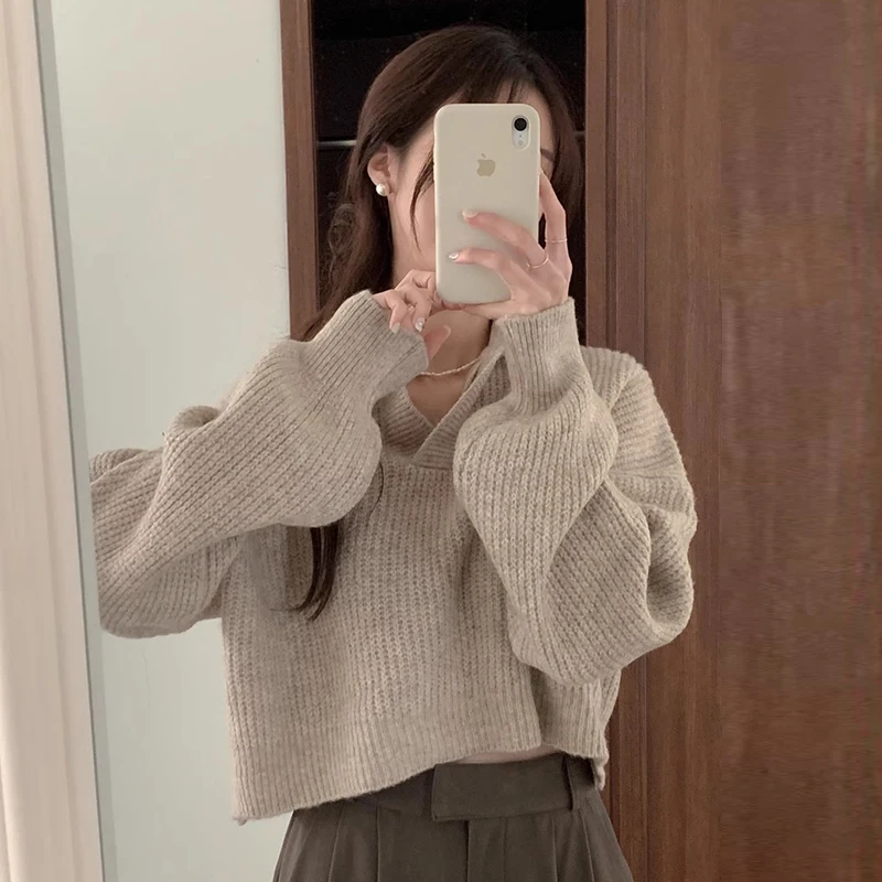 Korejpaa Korean Fashion Pullover Sweaters Women Half Open Collar Simple Solid Knitted Sweater Autumn Winter Gentle Clothes