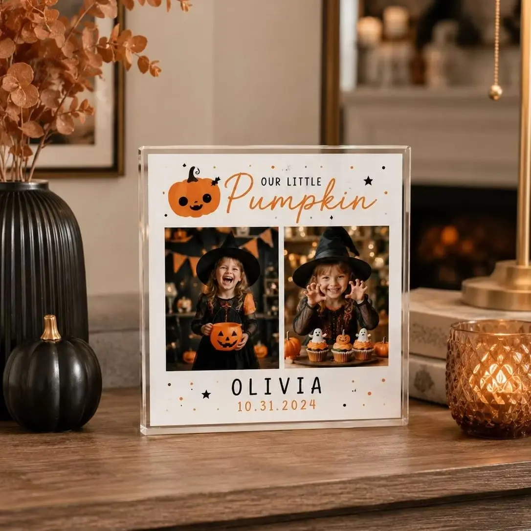 1Pc Custom Halloween Acrylic Photo Brick, Personalized Kids Picture Frame, Custom Name & Date Our Little Pumpkin Keepsake Gift,