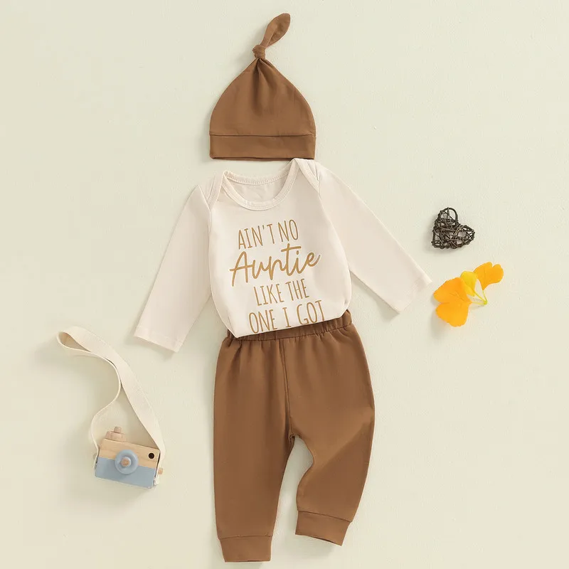 

RUEWEY 3 Piece Baby Boy Pant Sets Spring Autumn Clothes Letter Long Sleeve Round Neck Bodysuit Solid Color Long Trousers Hat