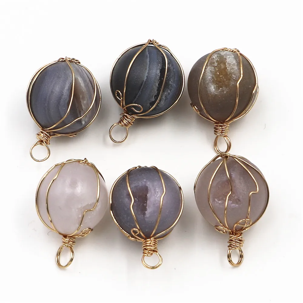 100% Real Natural Stone Round Onyx Agates Beads Blessing Pendants Wire Wrapped for Jewelry Necklace Making 6pcs Free Shipping