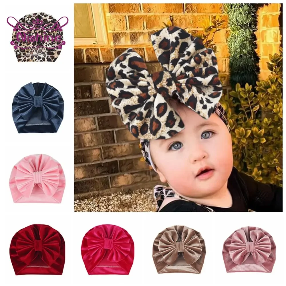 1PCS Baby Girls Flannel Big Bow Knot Hat Kids Soft Turban Caps Children Leopard Beanies Photo Props Gifts Hair Accessories