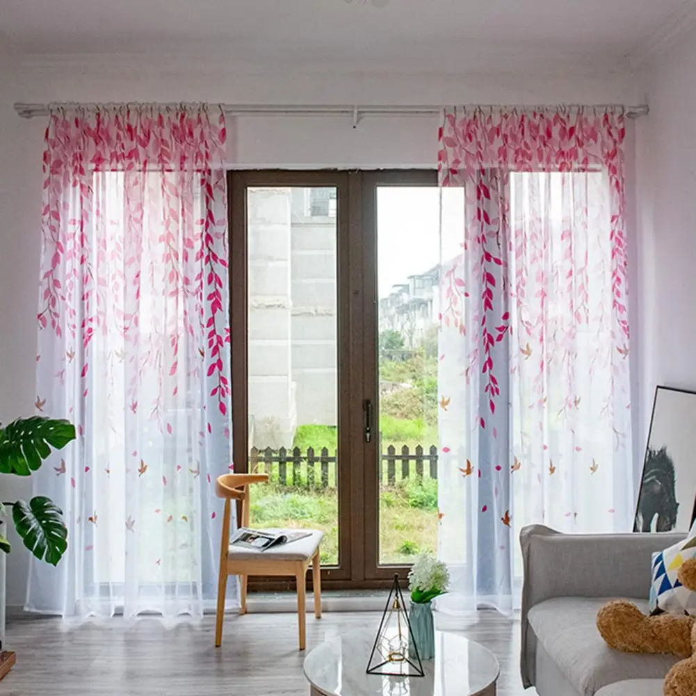 2Pcs/Set Great Polyester Branches Print Window Sheer 6 Colors Curtain Leaves Pattern Window Sheer for Bathroom