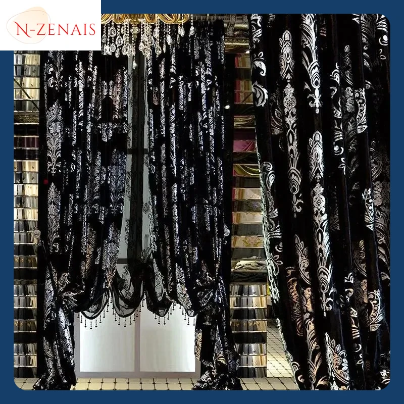 

Black Silver European Embroidery Blackout Curtains for Living Room Dining Bedroom Luxury Tulle Valance Cortinas Para Ventanas
