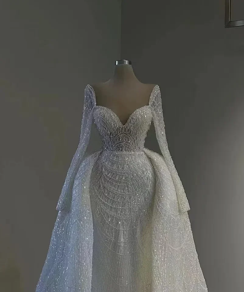 Abiti da sposa a sirena personalizzati con strascico staccabile maniche lunghe perle abiti da sposa in pizzo Blanco Brides vestidos de novia