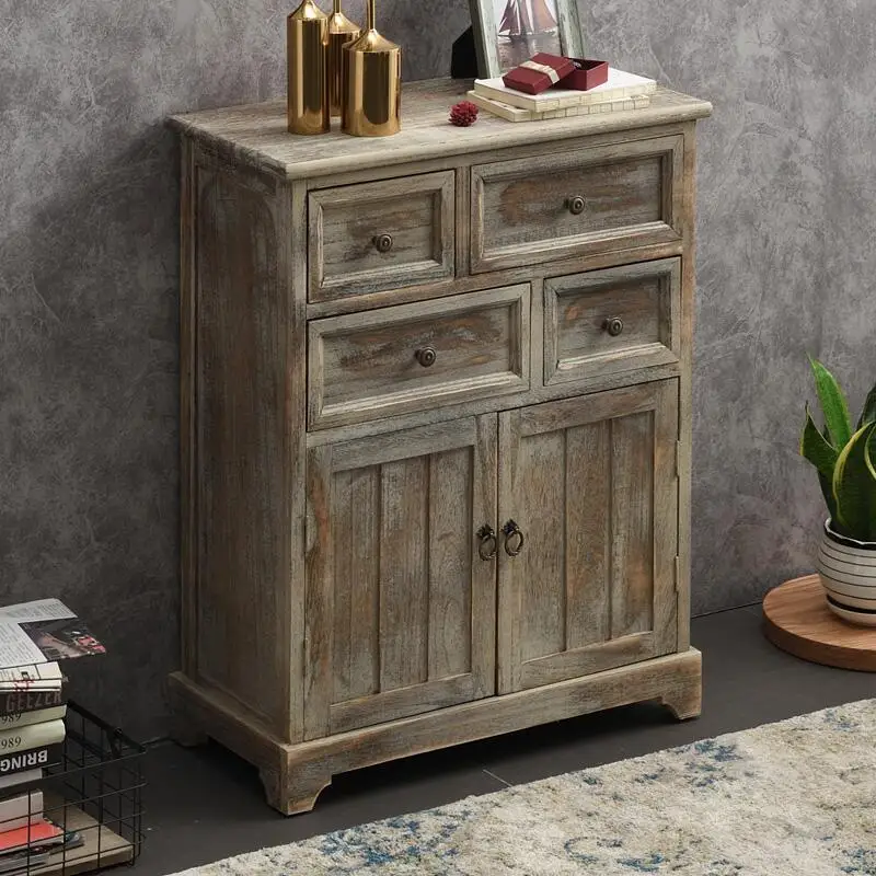 Distressed Mediterranean Sideboard: Mortise-Tenon Solid Wood Storage Cabinet for Entryway/Dining