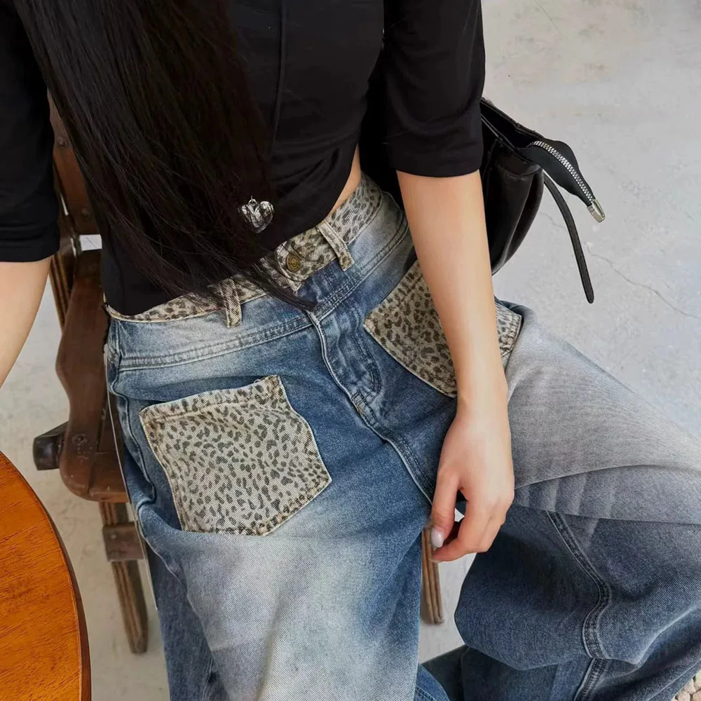 Women's Leopard Print Patchwork Denim Pants American Retro Trend Low Waist Loose Jeans High Street Casual Wide Leg Trousers