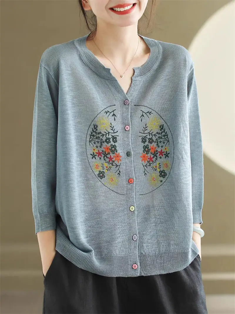 

Chinese Style Embroidered Three Quarter Sleeve Knitted Sweater Women Loose Summer Thin V Neck Sun Protection Cardigan Top k1204